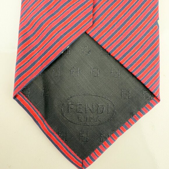 Fendi Roma Vintage Made in Italy Silk Red & Navy Stripe Logo Tie 55.5” x 3” - Picture 2 of 5